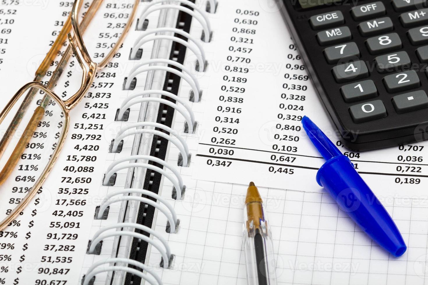 Financial report, pen with cap, calculator, glasses and paper with numbers on the table in the office. A paper sheet full of business data. Accounts number and the data. Business documents. Close-up photo