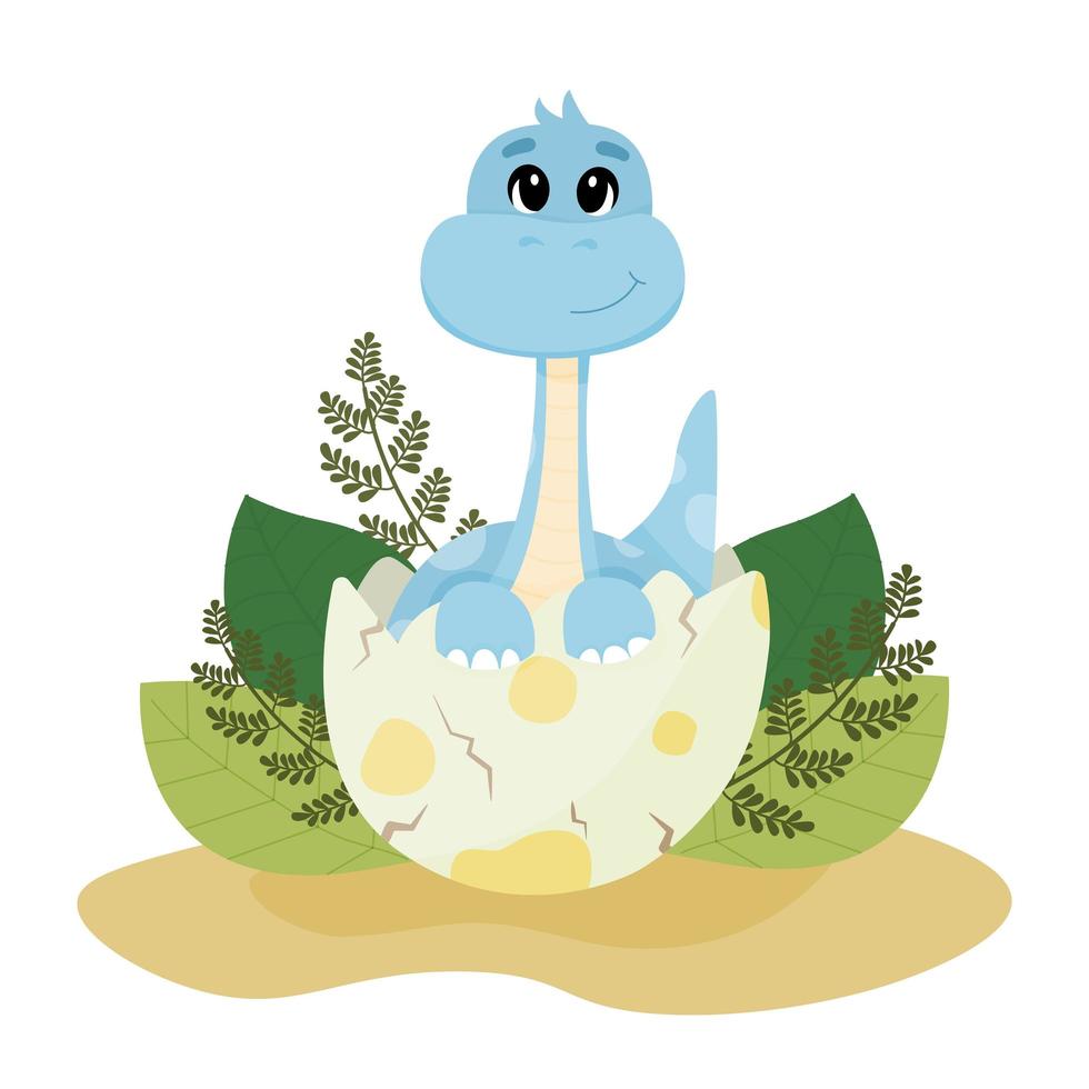 Funny dinosaur baby hatching from egg. Dinosaur diplodocus in cartoon style vector