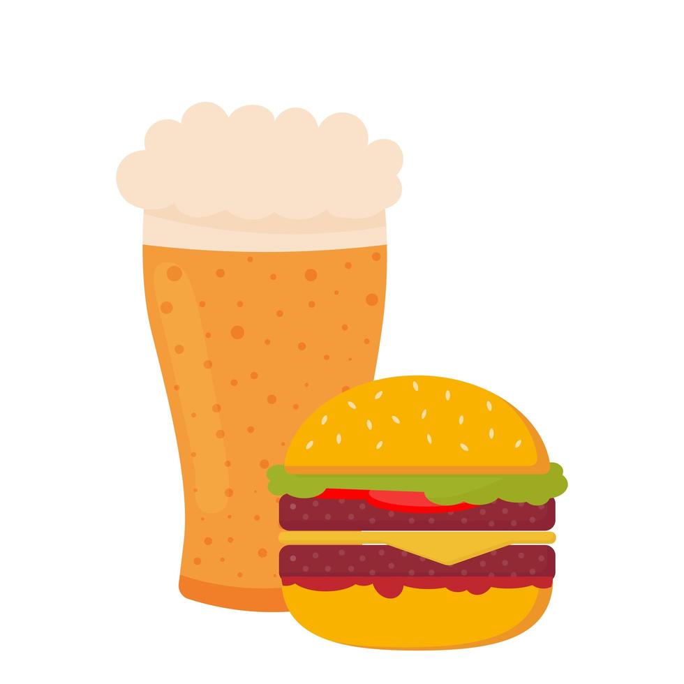 Big tasty hamburger with beer glass. Vector illustration