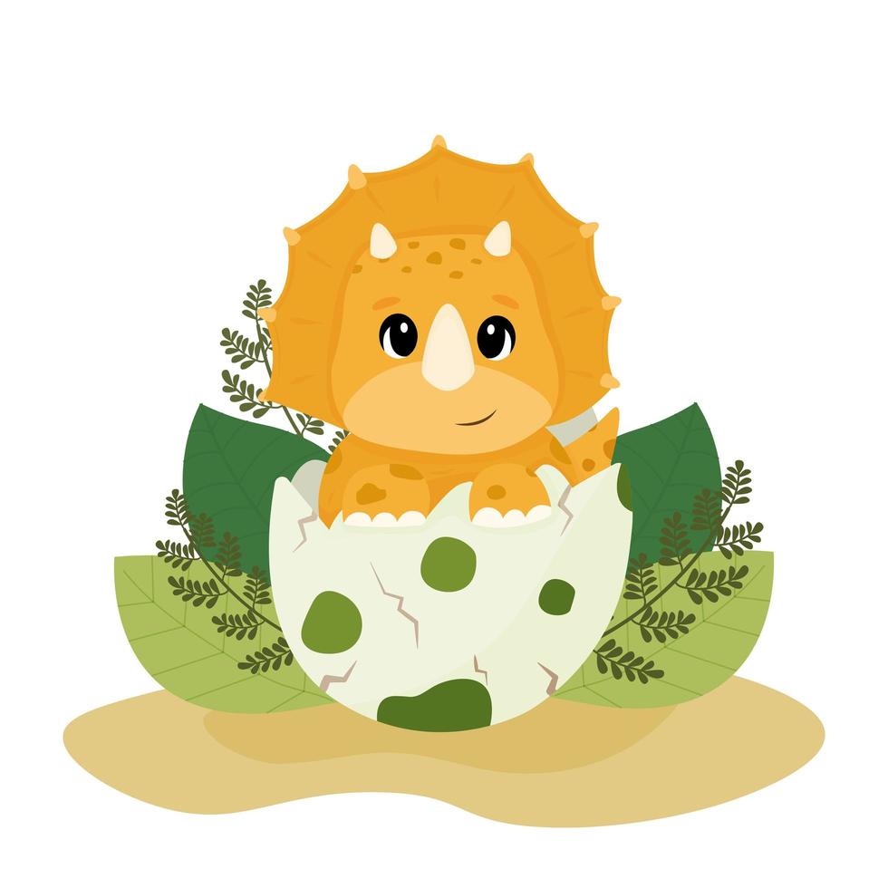 Funny baby dinosaur Triceratops in the egg shell. Dinosaur hatches from an egg vector