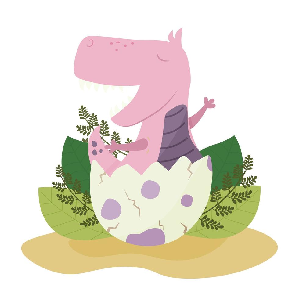 Funny baby dinosaur in an egg shell. A dinosaur hatches from an egg. pink baby dragon vector