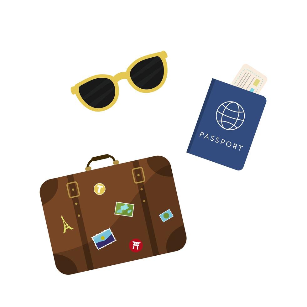 Travel suitcase, passport and tickets. Vector illustration