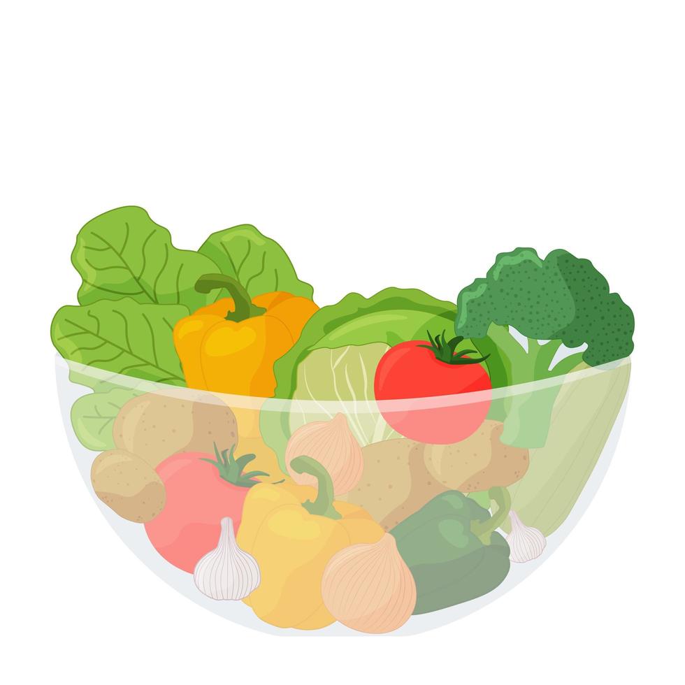 glass bowl with vegetables on white background vector