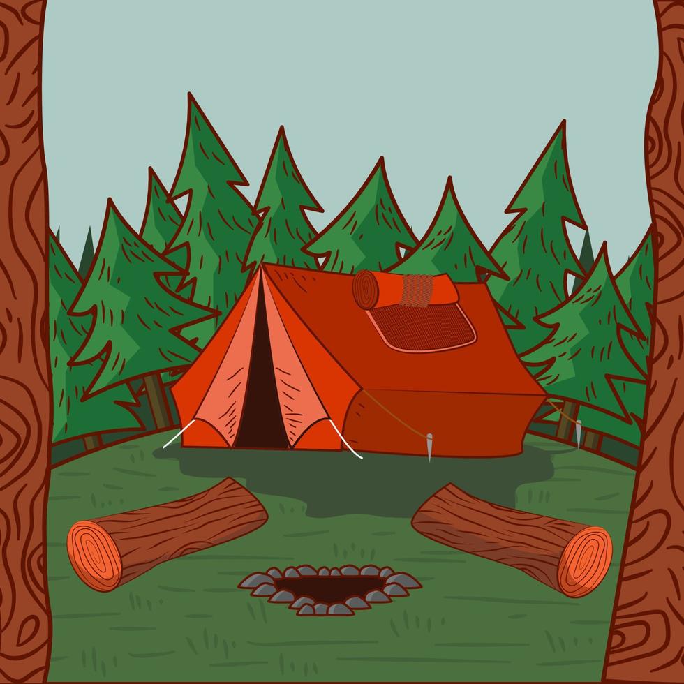 tent in the middle of forest or camping ground suitable for camping illustration vector
