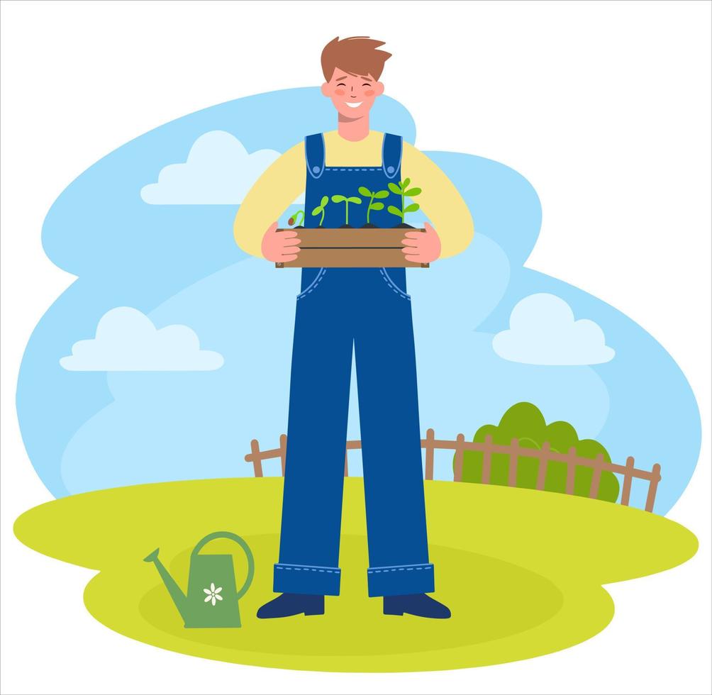 Gardening. Man in overalls is holding  wooden box with seedlings in his hands. vector