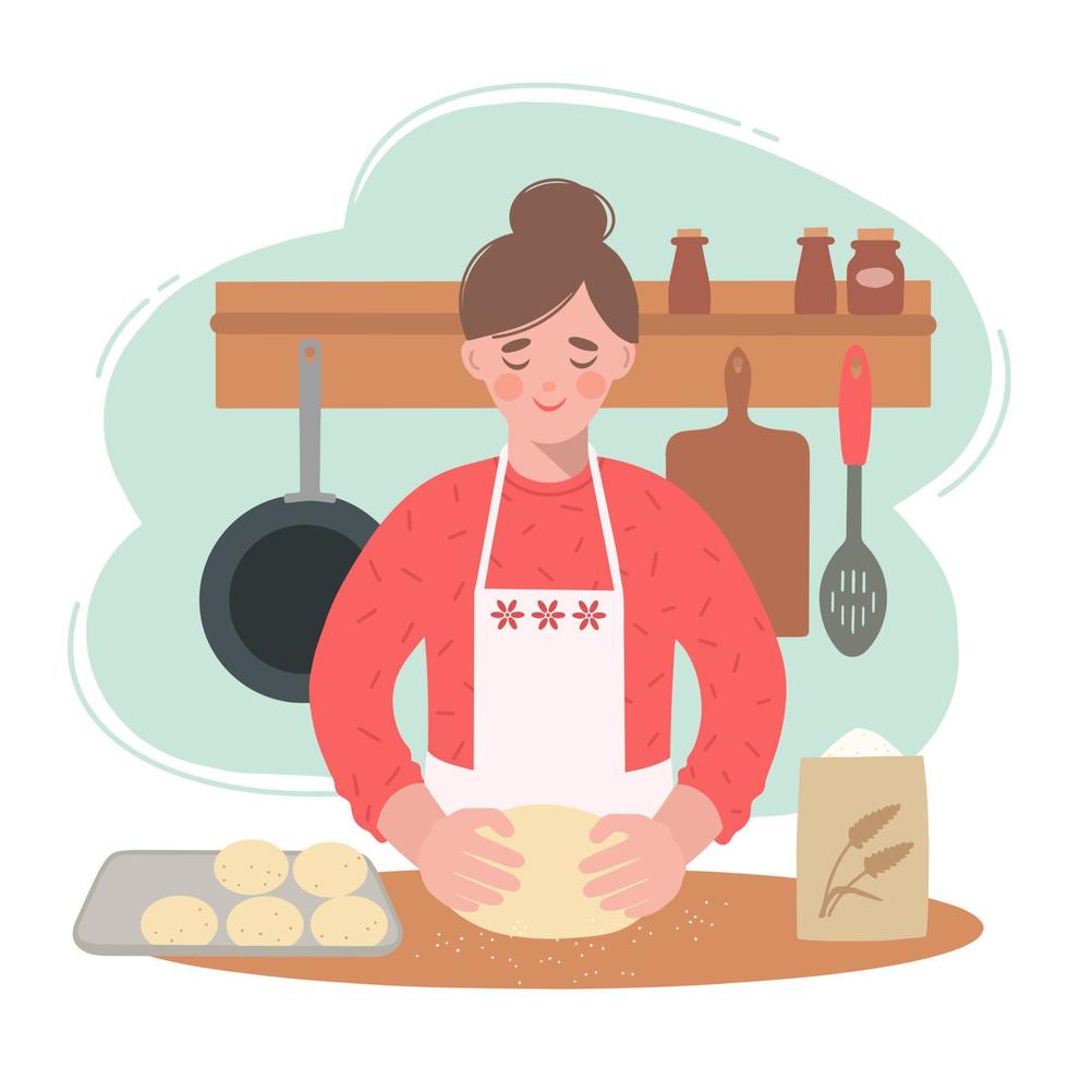 Young woman in kitchen is preparing fluffy buns. She has dough in her hands. Illustration of young woman cooking at home. vector