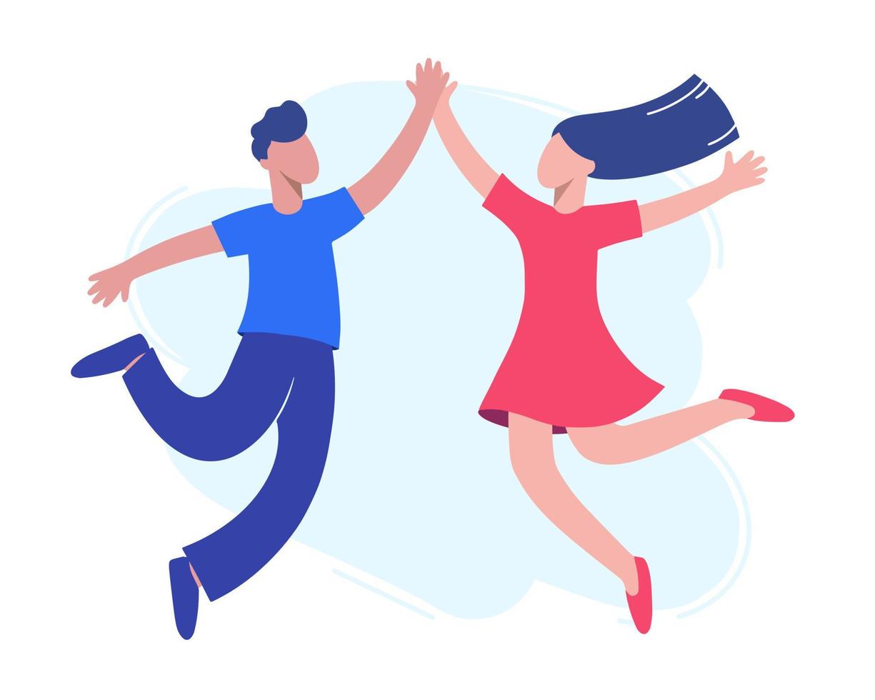 Young happy happy couple happily jumps. Concept of feelings and emotions. Vector illustration in the style of flat design.