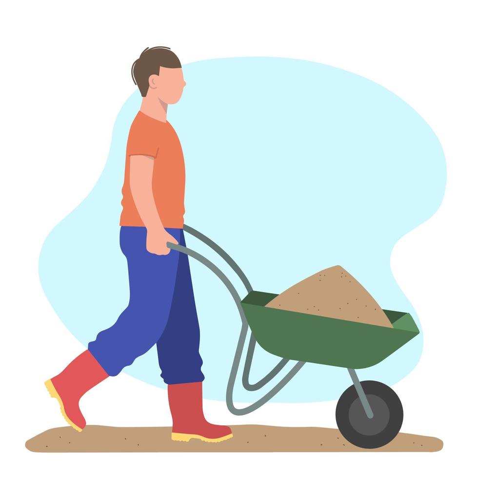 Male worker in rubber boots pushes  handcart with sand or earth. vector