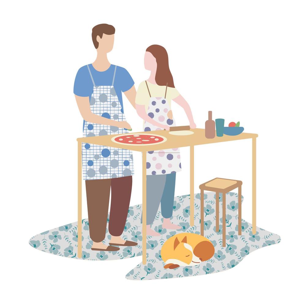 mujer y hombre cocinando pizza juntos. cocina familiar, fin de semana, ambiente hogareño vector