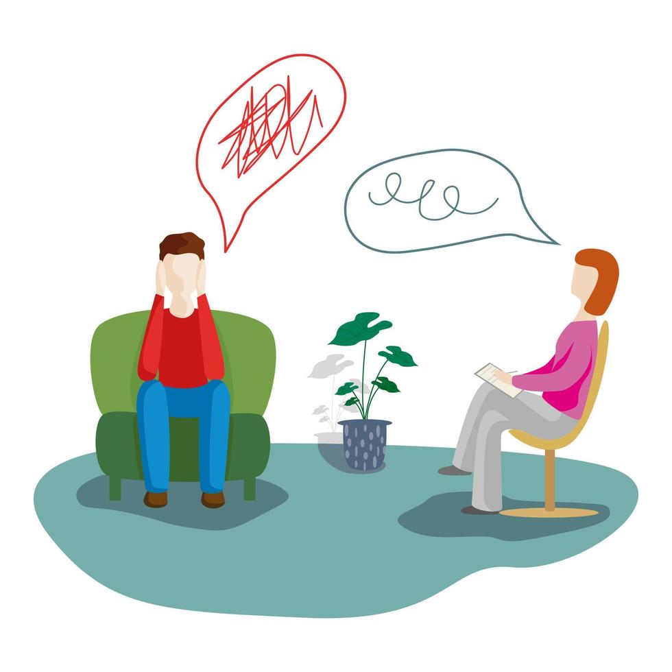 Man talking to psychotherapist or psychologist and answer questions. vector