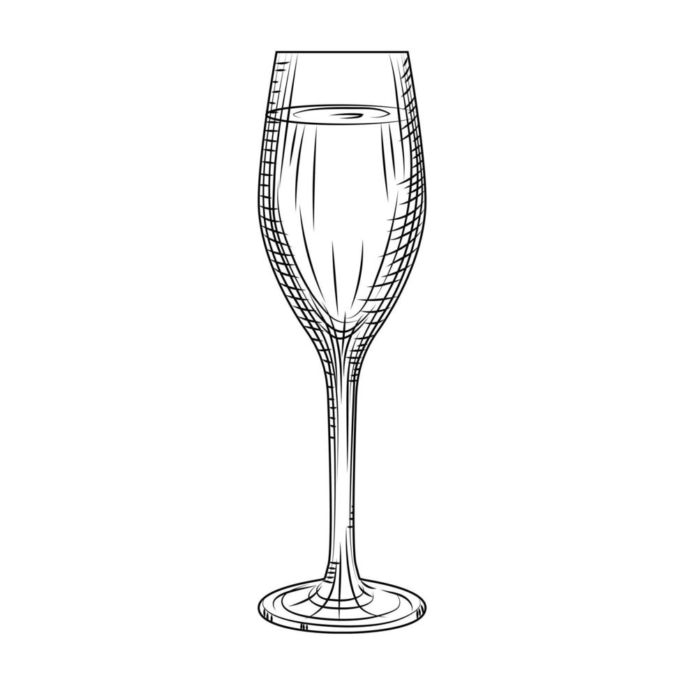 Full sparkling wine glass. Hand drawn champagne glass sketch. vector