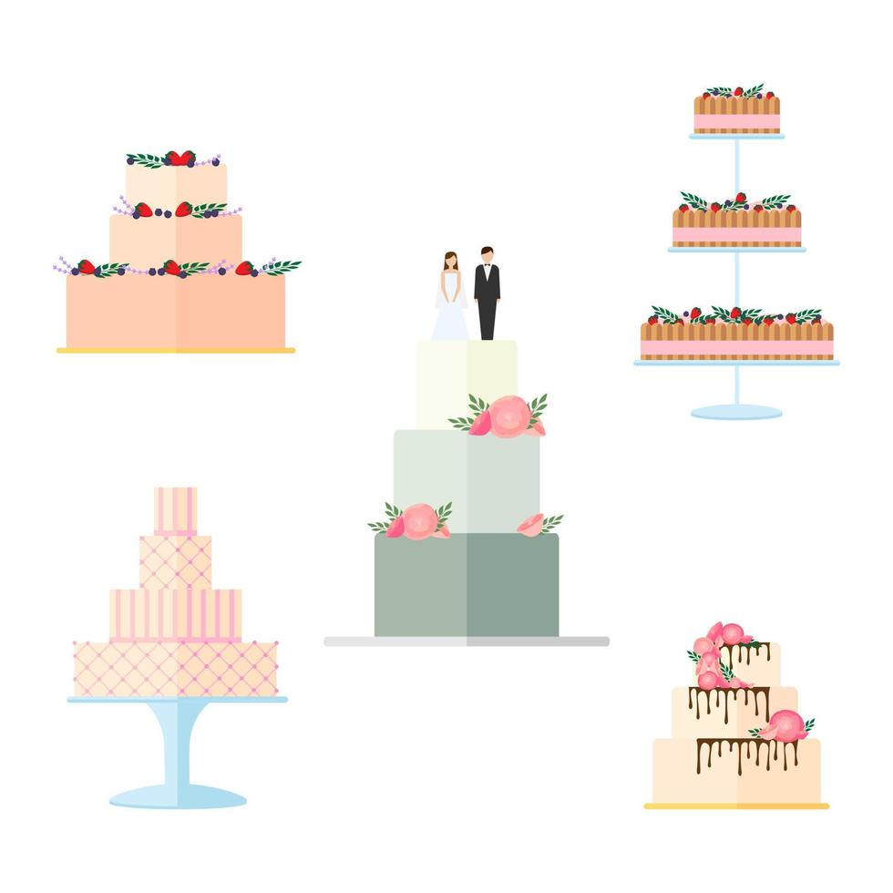 conjunto de pasteles de boda con decoración floral aislado sobre un fondo blanco. vector