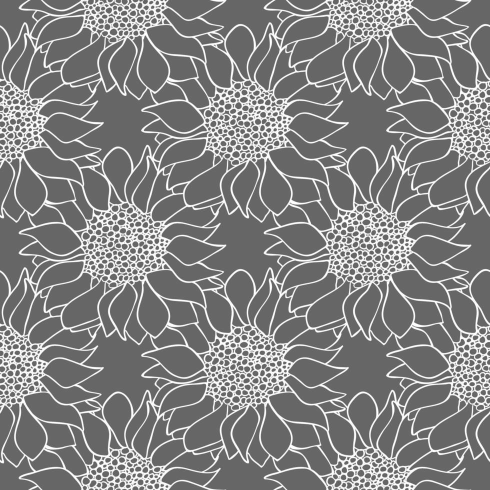 Sunflowers flowers seamless pattern in black and white colors. vector