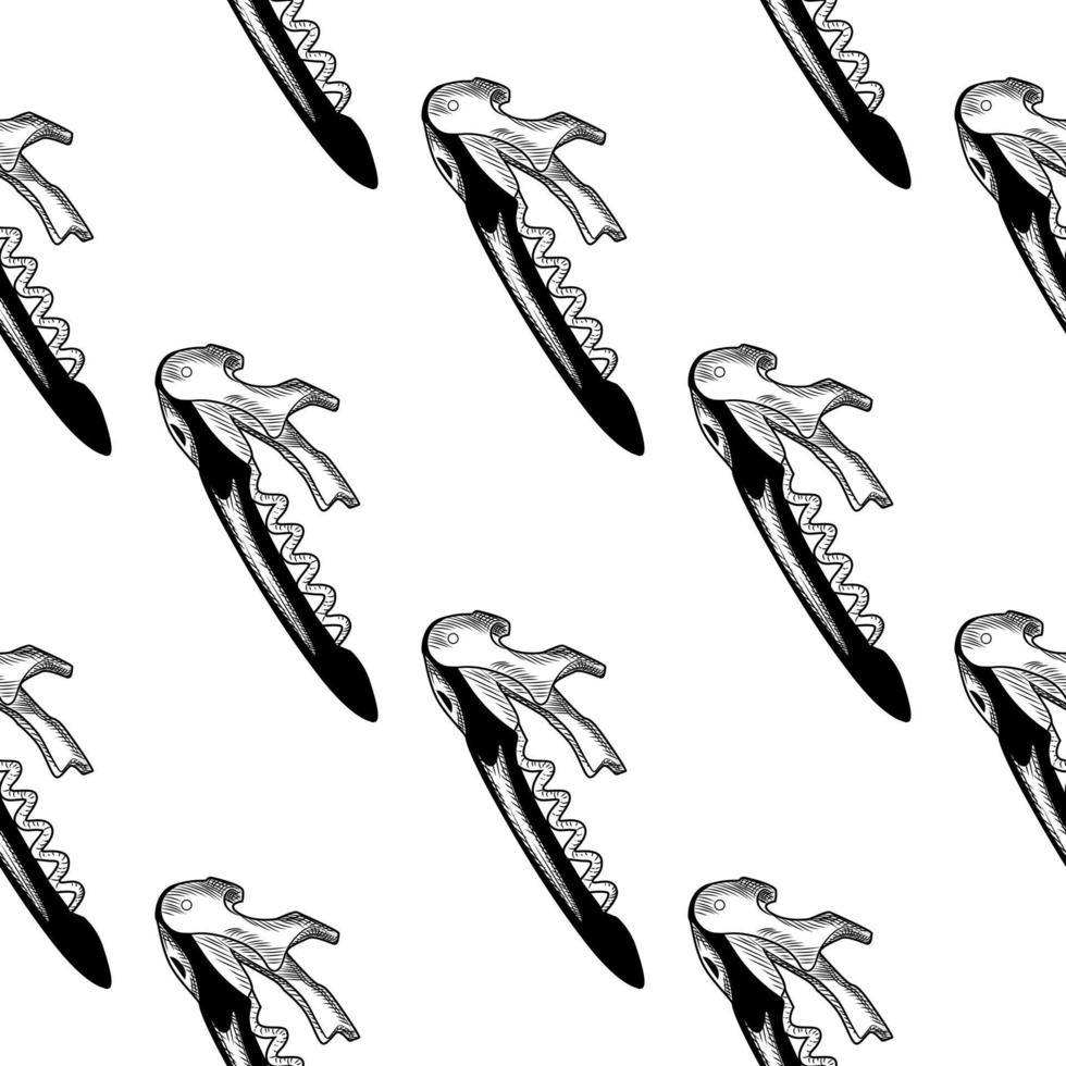 Corkscrew seamless pattern. Engraving style. Sommelier knife backdrop. vector