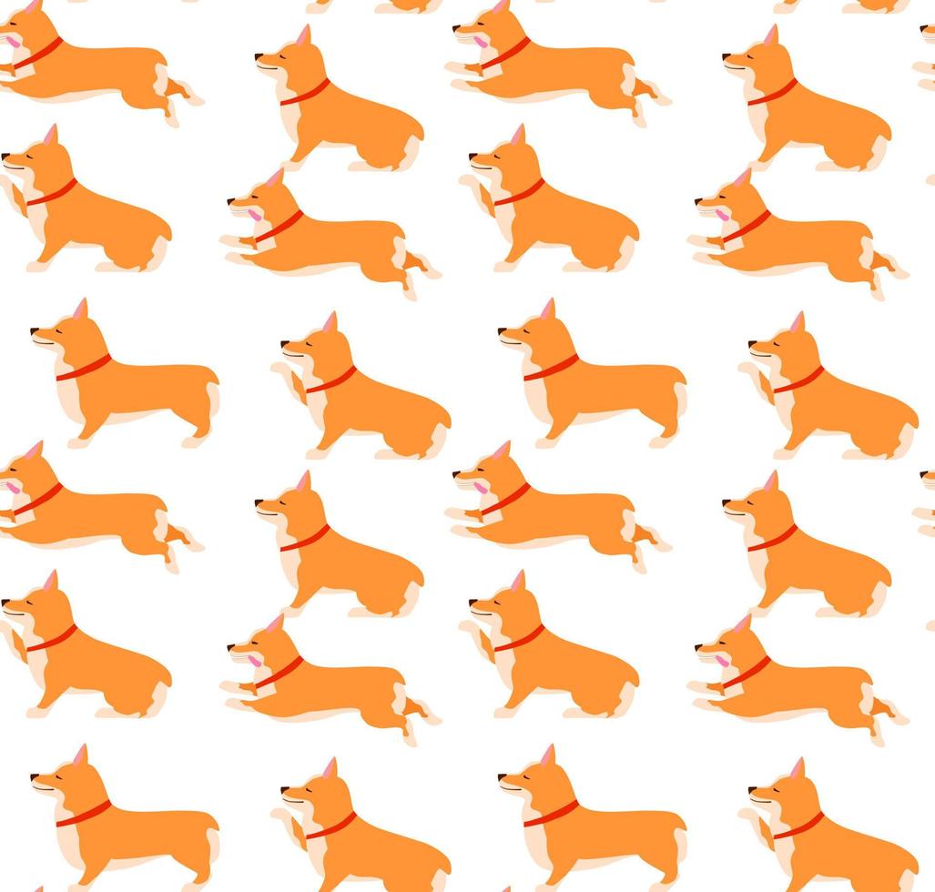 Set of poses and emotions dog seamless pattern. Welsh Corgi Set. vector