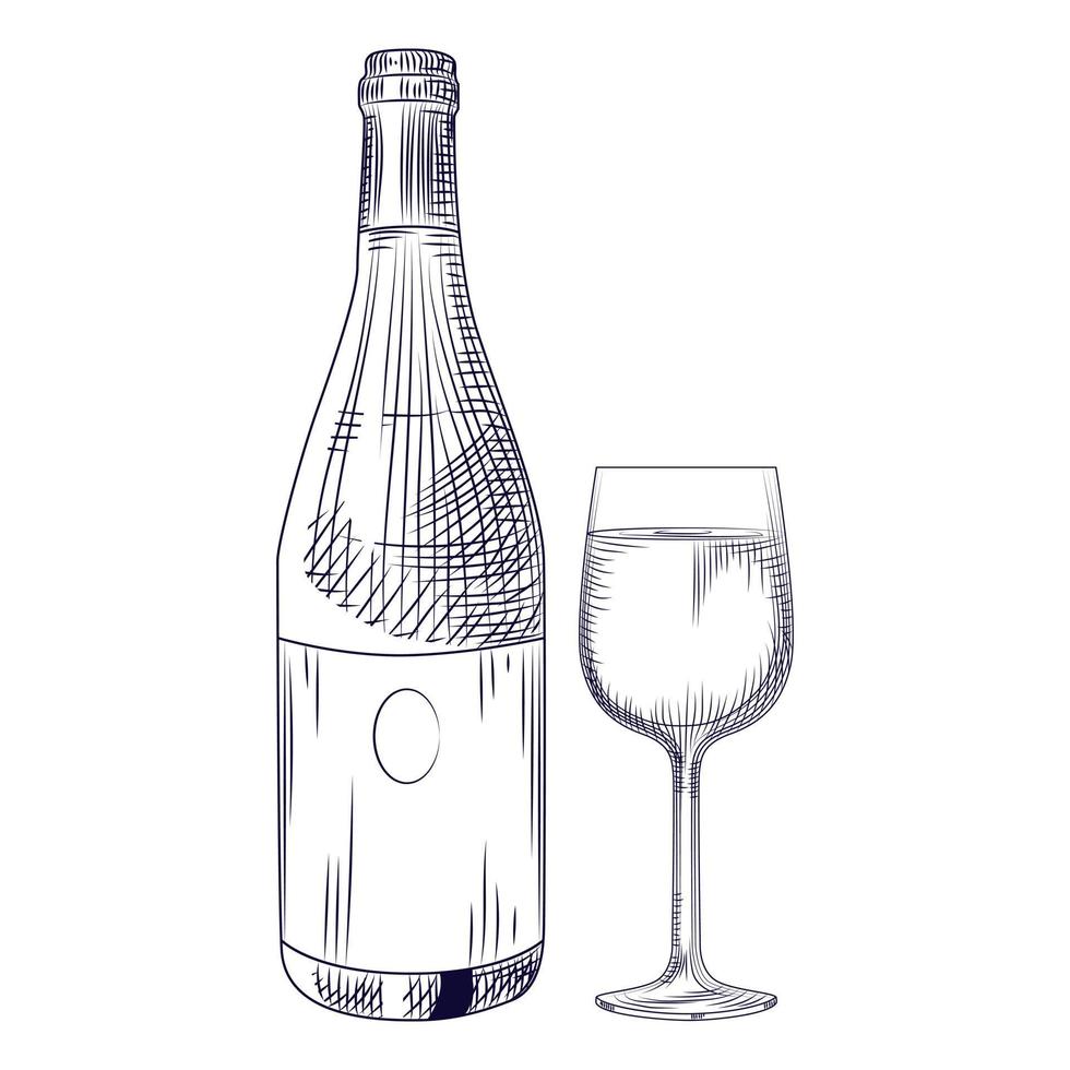 botella de vino y copa dibujadas a mano. objetos aislados vector