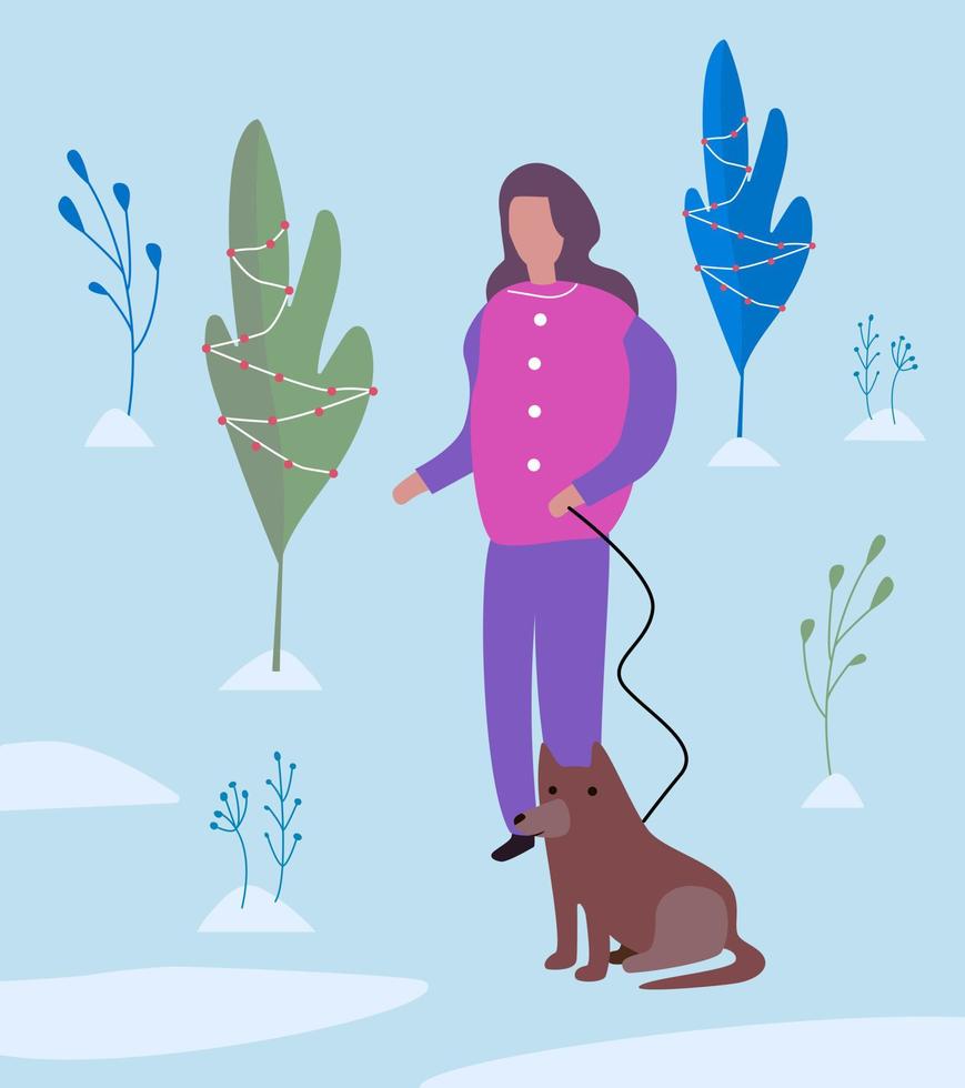 girl walking a dog. Flat vector illustration