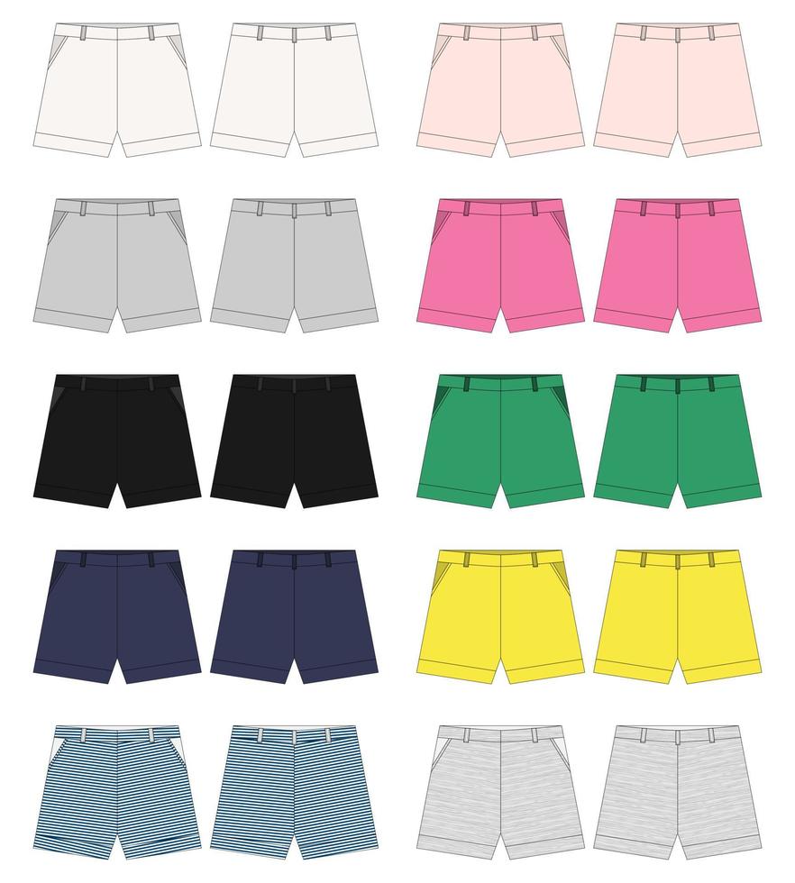 Set of technical sketch women's classic shorts pants design template. vector