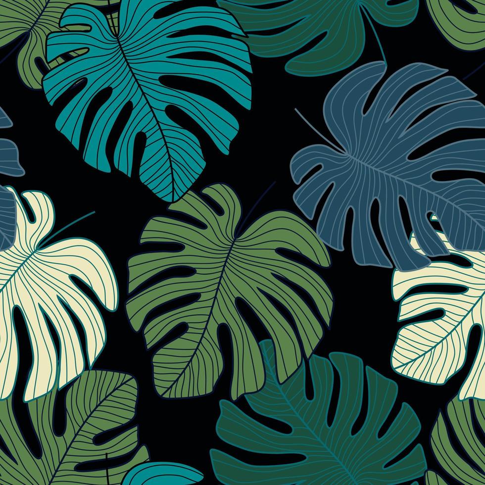 Monstera leaf seamless pattern on black background. Tropical leaves botanical backdrop. vector