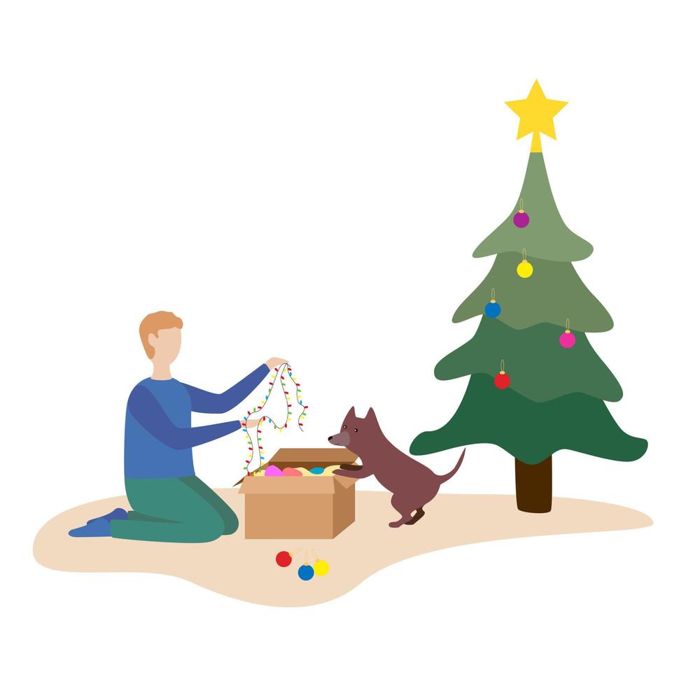 Happy family preparing to celebrate the new year. Couple dresses up Christmas tree. vector