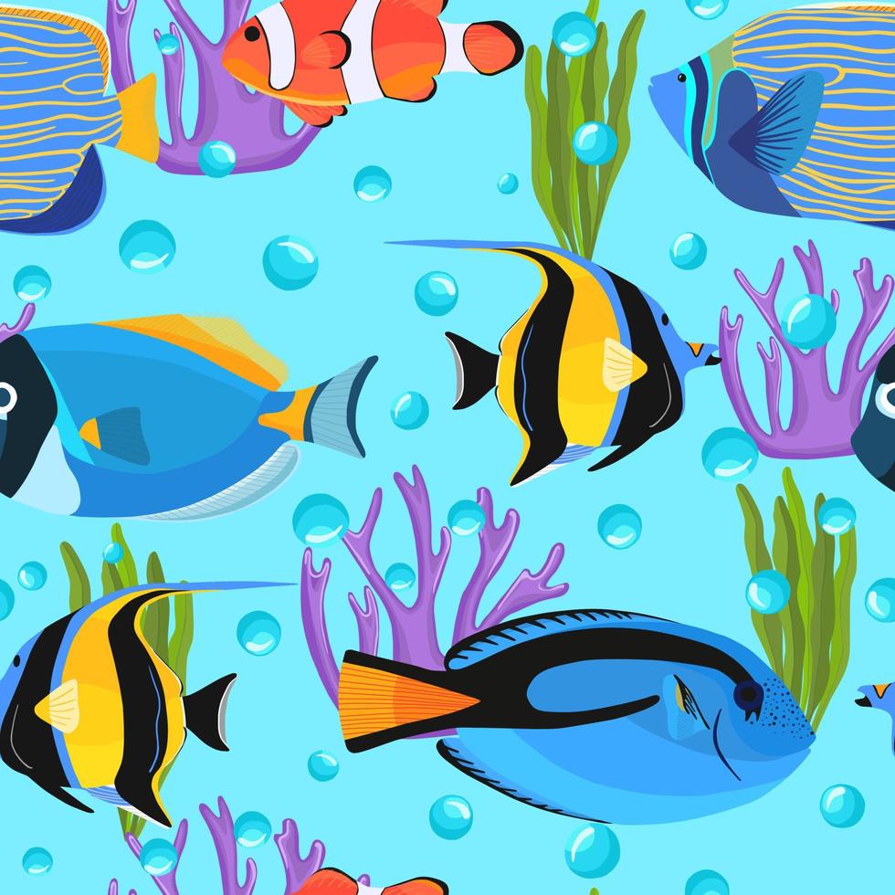 Fish underwater with bubbles. Undersea seamless pattern. vector