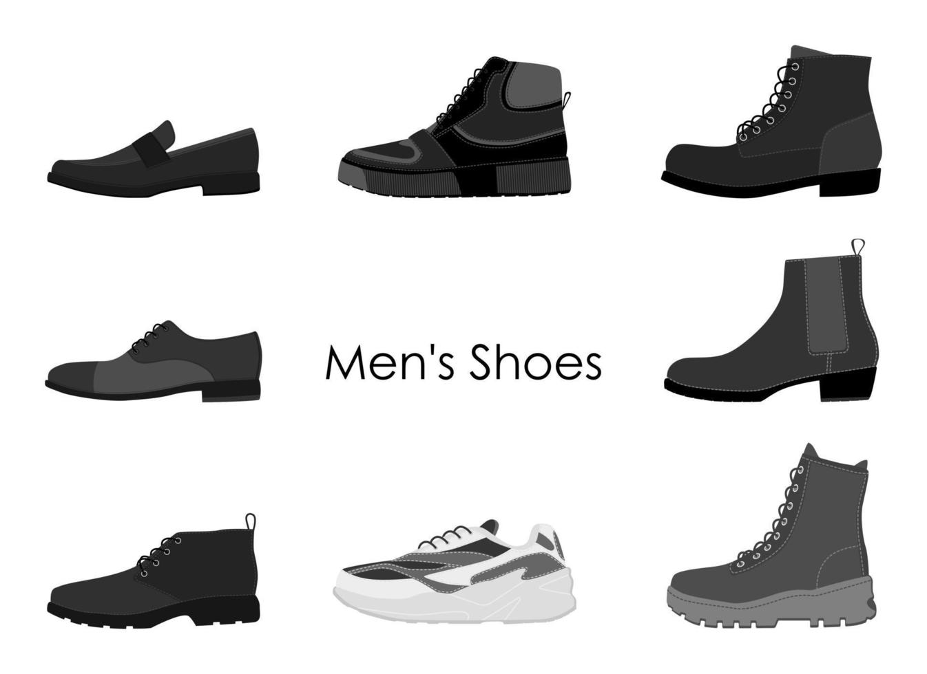 Collection mens footwear isolated on white background. Set of men boots. Vector illustration