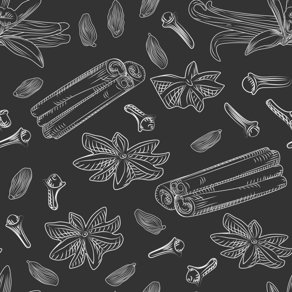 Hand drawn mulled wine spices seamless pattern on blackboard. vector