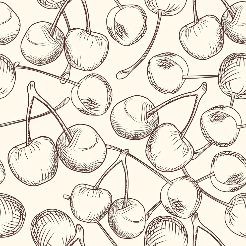 Hand draw cherries seamless pattern. Engraving style. vector