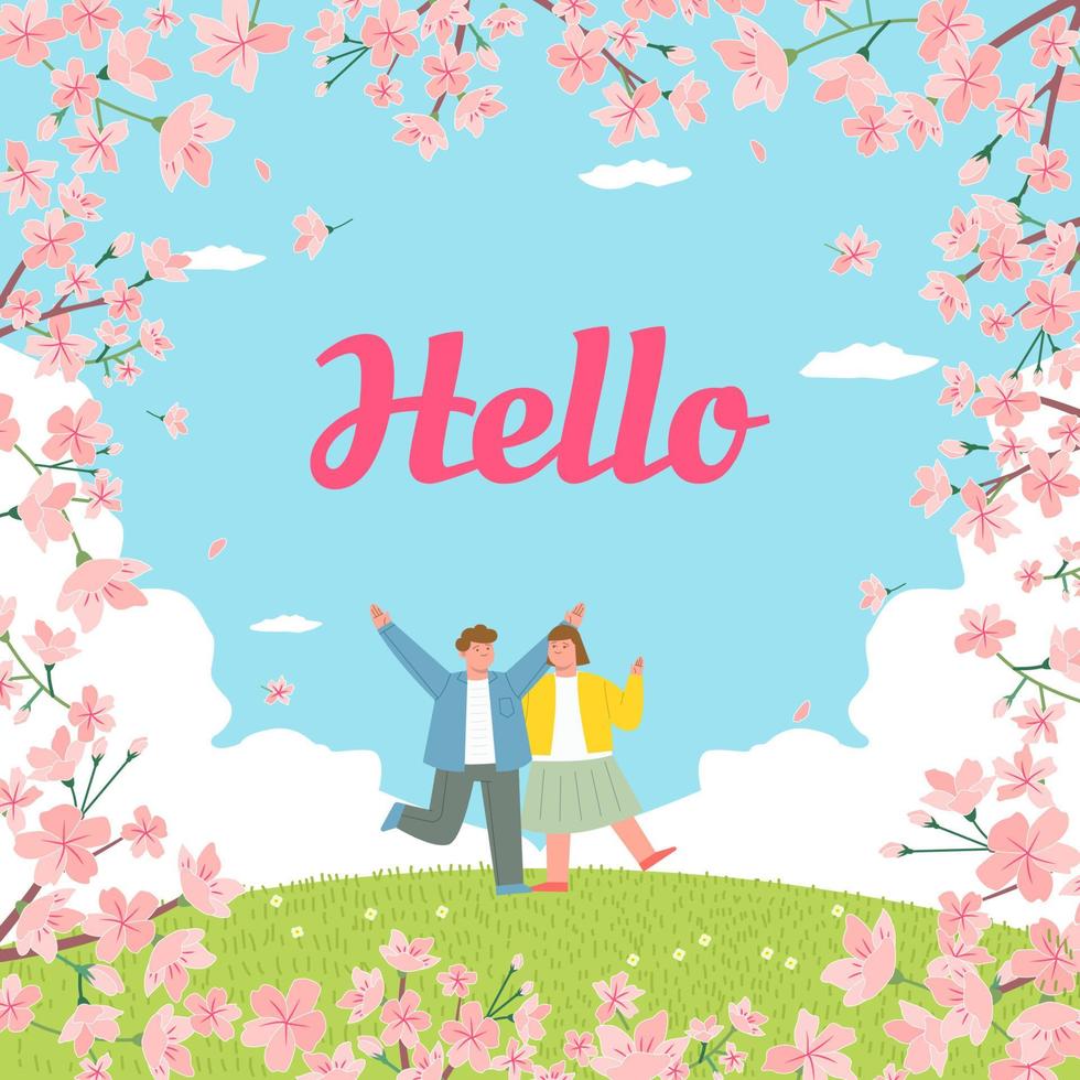 Couple Walk in the Park of Beautiful Cherry Blossom vector