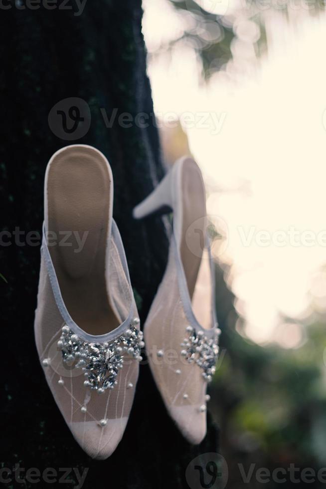 Elegant white wedding shoes photo