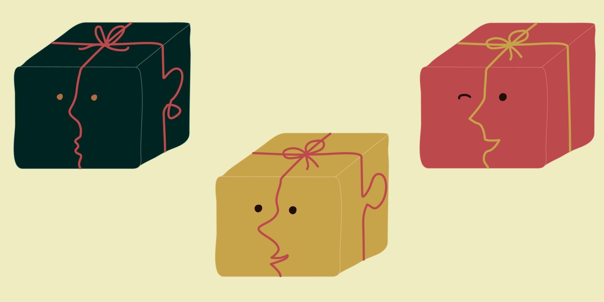 Gift boxes with eyes and noses. Cartoon style. EPS 10. vector