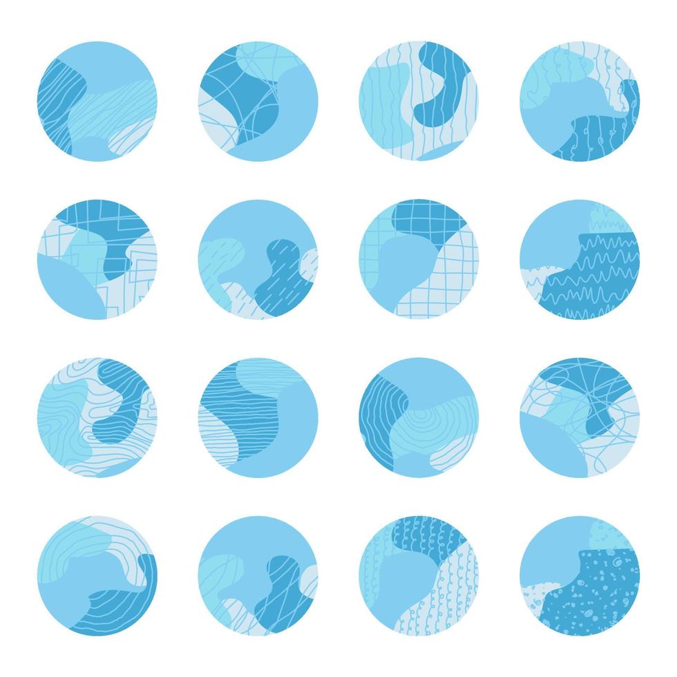Circle icons collection. Doodle round textured shapes, signs, symbols set. Highlight covers, elements for brand identity. Vector illustration