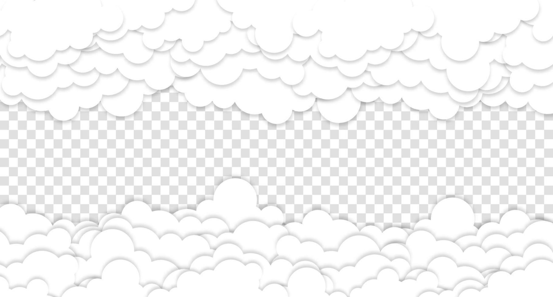 Clouds on blue sky banner. White cloud on blue sky in paper cut style. Clouds on transparent background. Vector paper clouds.White Cloud on blue sky paper cut design. Vector paper art illustration