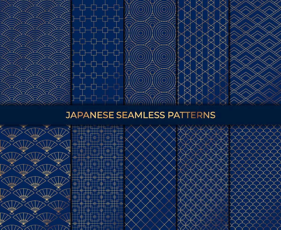 Set of 10 patterns in japanese style. Vector collection of asian backgrounds.  Japanese seamless pattern collection.  Decorative wallpaper.