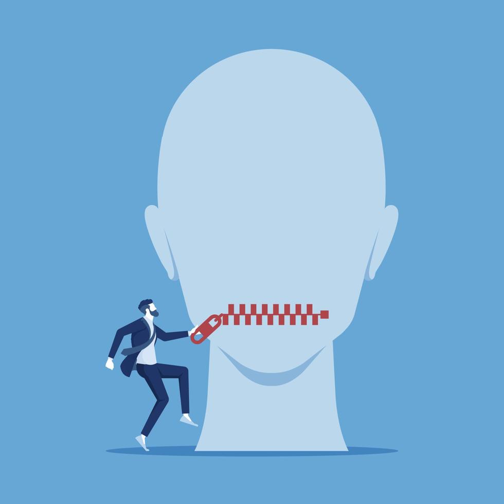 Businessman uses zipper to seal the giant's mouth, no speaking or shut up concept vector