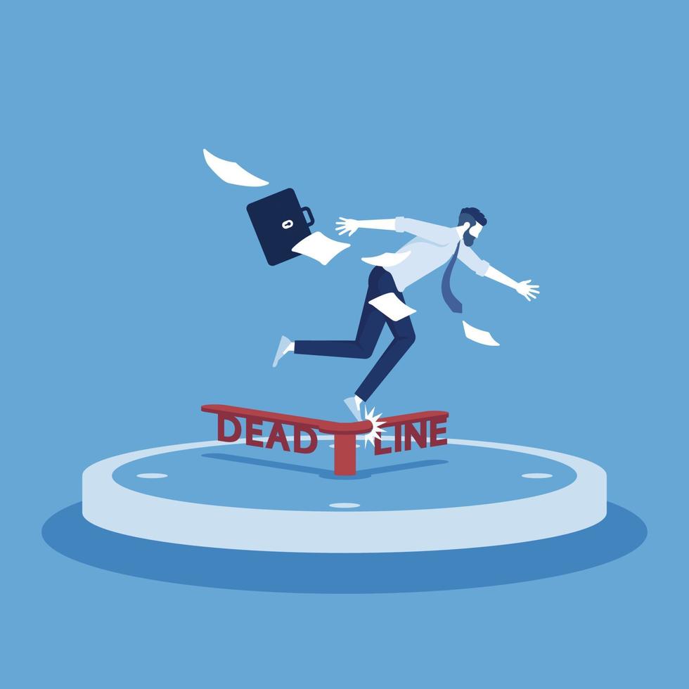 Busy businessman stumbling on deadline clock on the floor, time management concept vector