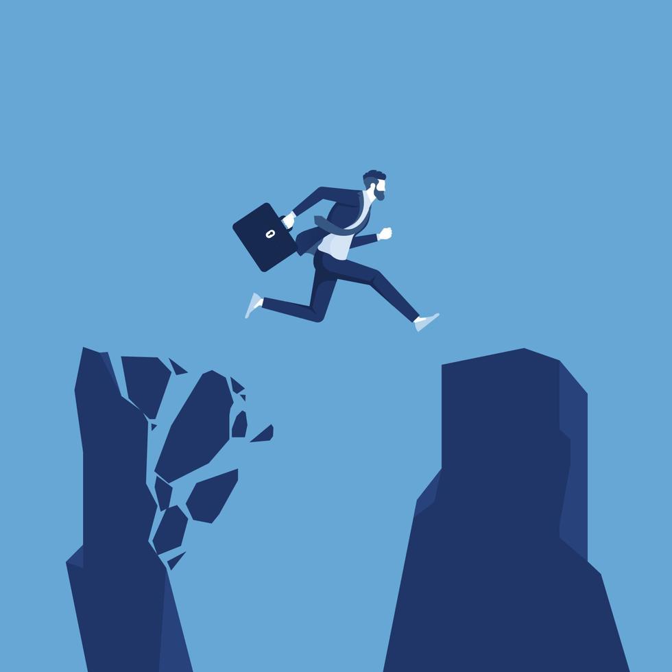 Businessman with a briefcase jumping from a crumbing mountain rock to another safer rock, reaching safety from an risky unsafe business environment concept vector