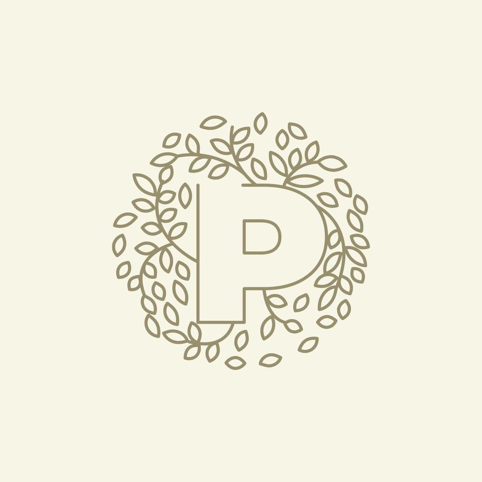 initial P or letter P with leaf  ornament on circle luxury modern logo vector icon illustration design