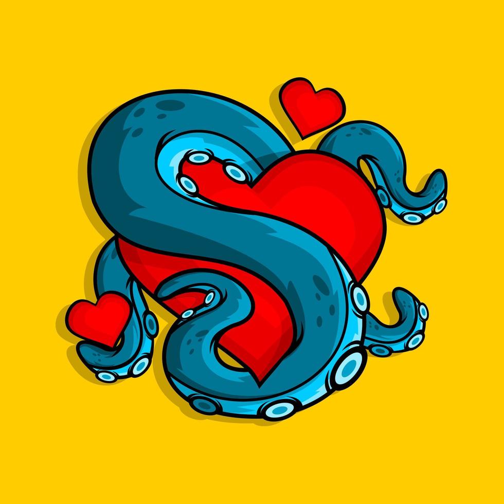 ilustración vectorial de pulpo y signo de amor, día del amor vector