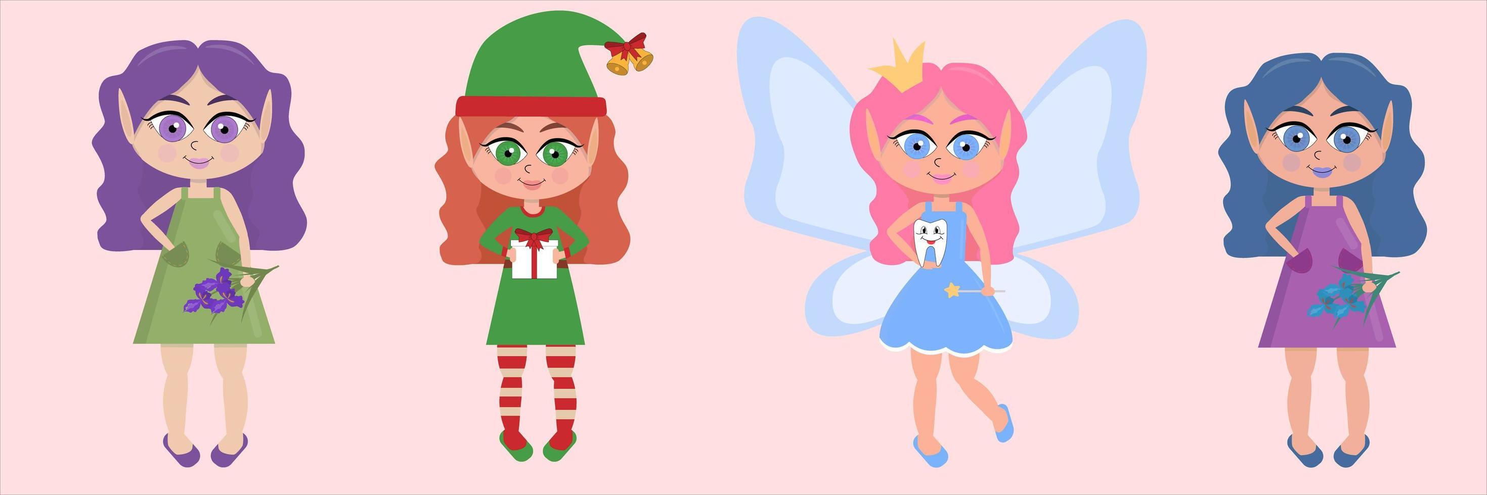 Set with different beautiful cute little elf girls and fairy on a pink background. Cartoon illustration. vector