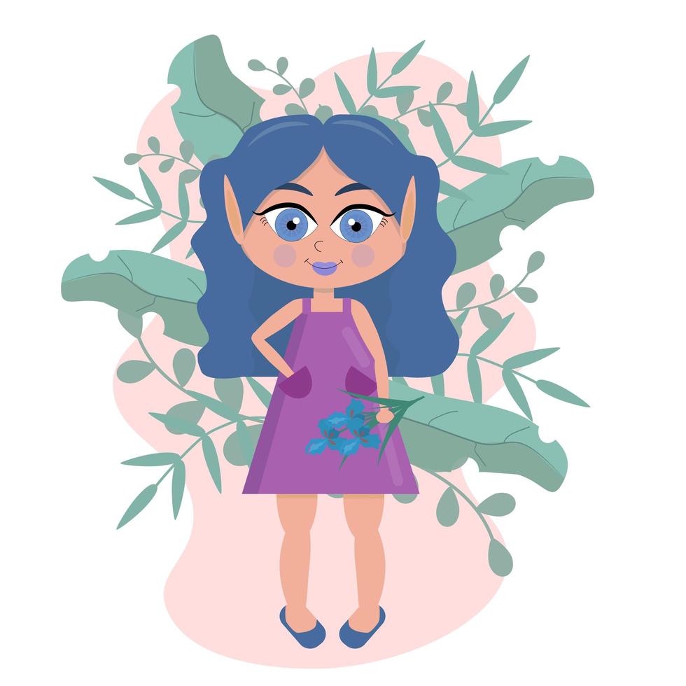 Beautiful cute little elf girl with purple hair with flowers on a white background. Cartoon illustration. vector