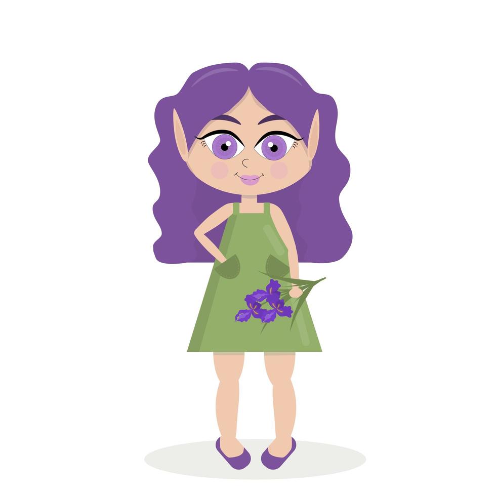 hermosa y linda niña elfa con el pelo morado con flores en un fondo blanco. ilustración de dibujos animados vector
