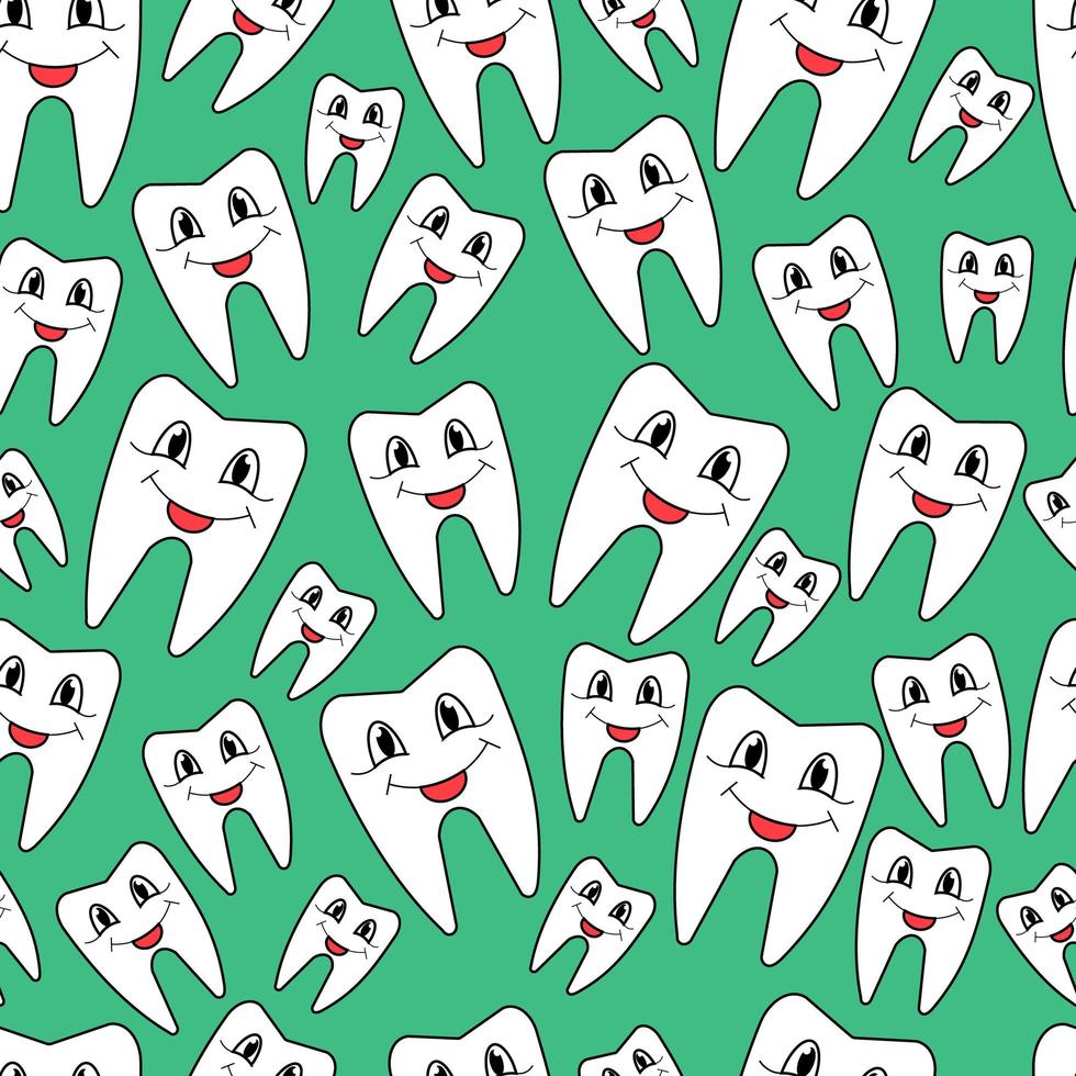 Patrón dental sin costuras lindos dientes blancos sobre fondo verde vector