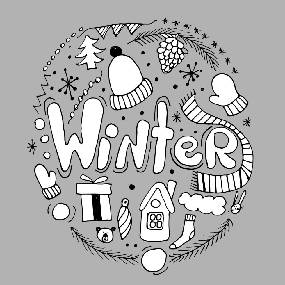 Winter hand lettering and doodles elements background. vector