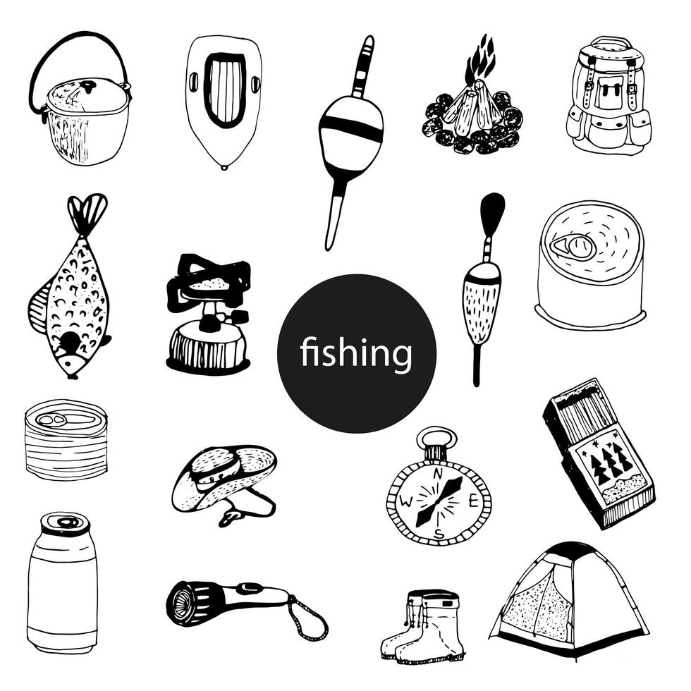 a set of black doodles on the theme of fishing vector