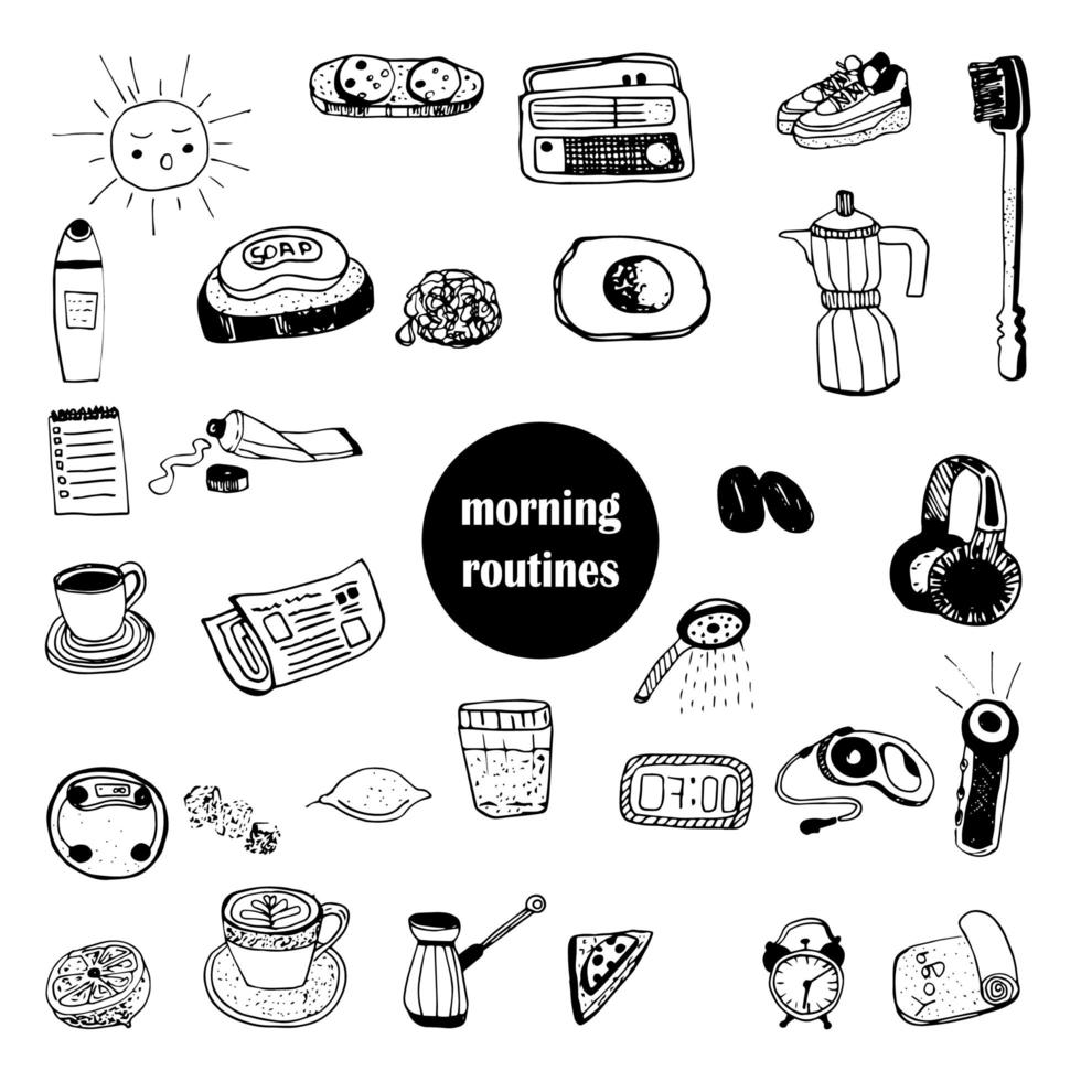 a set of doodles of morning routines before work vector