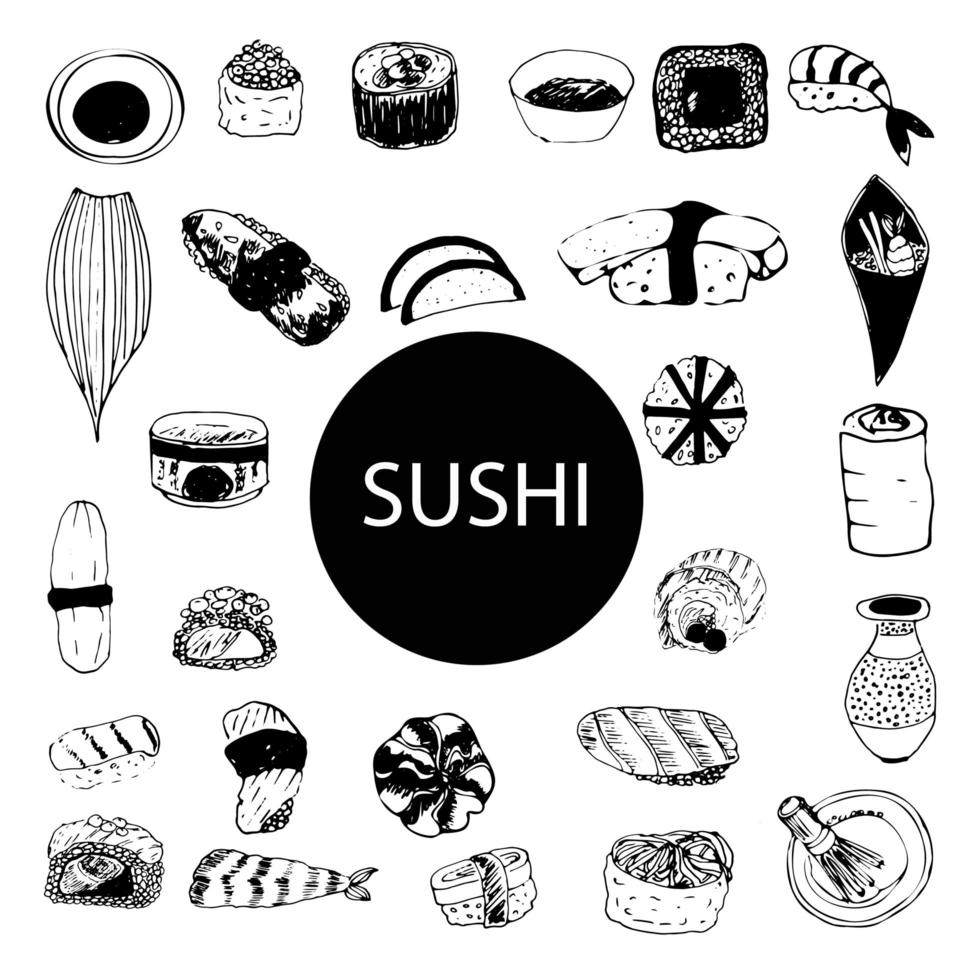 conjunto doodle sushi y rollos conjunto vector