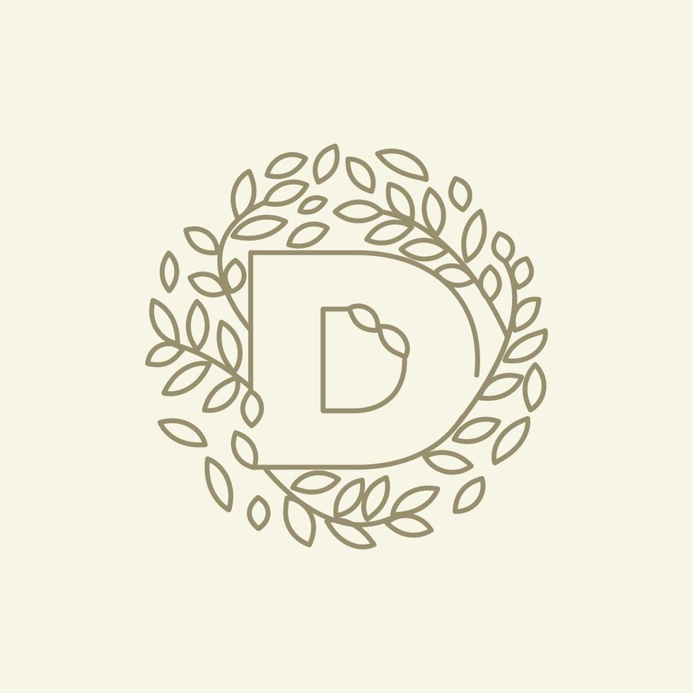 d inicial o letra d con adorno de planta de hoja en diseño de ilustración de icono de vector de logotipo vintage de lujo circular