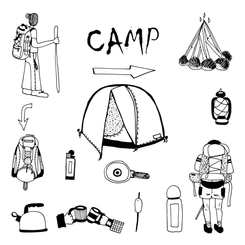 a set of vector black and white doodles camp