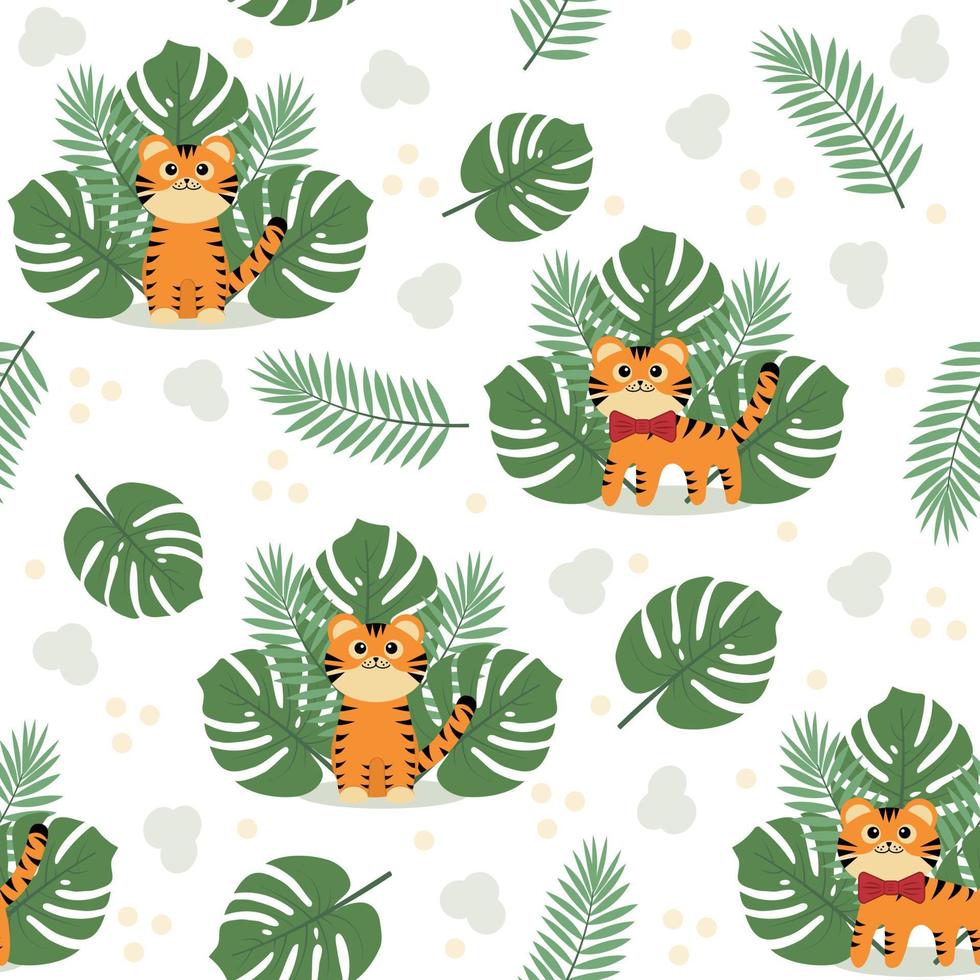 Pattern with tiger cubs on a background of tropical leaves, color vector illustration on a white background